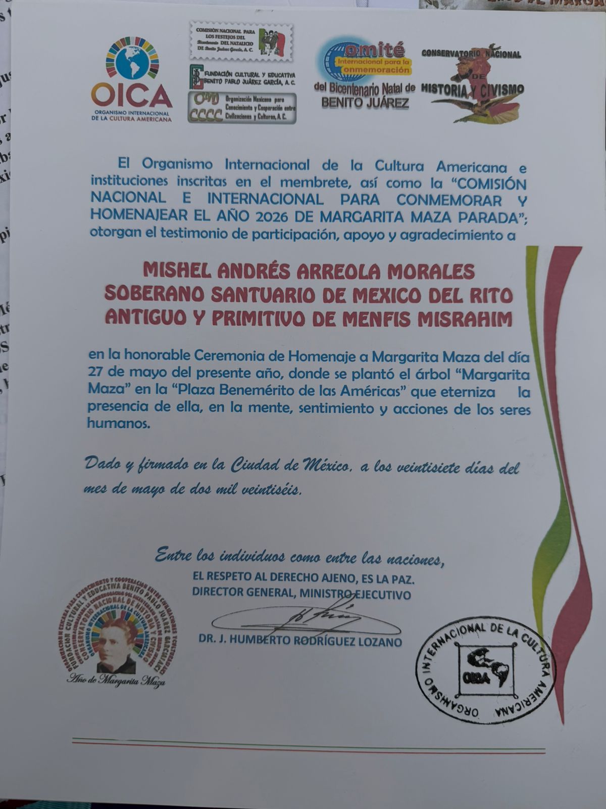 Certificado OICA plantación árbol Margarita Maza